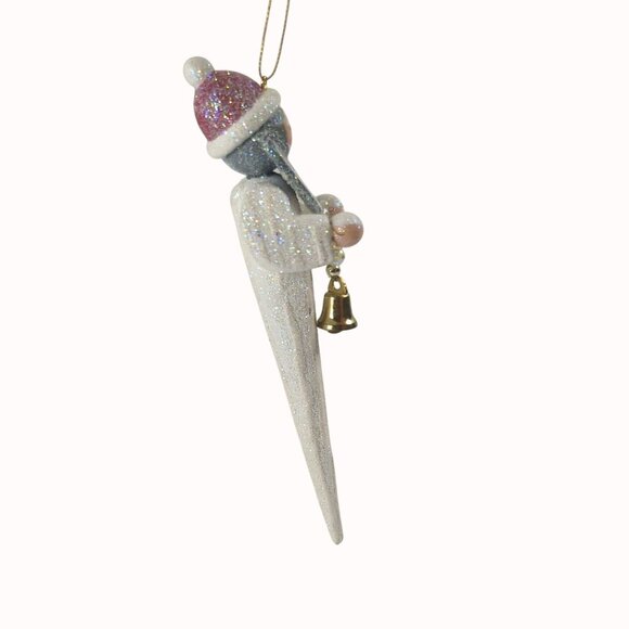 Vintage Whimsical Santa Claus Icicle Wood Ornament With Glitter and Bell - Picture 2 of 3